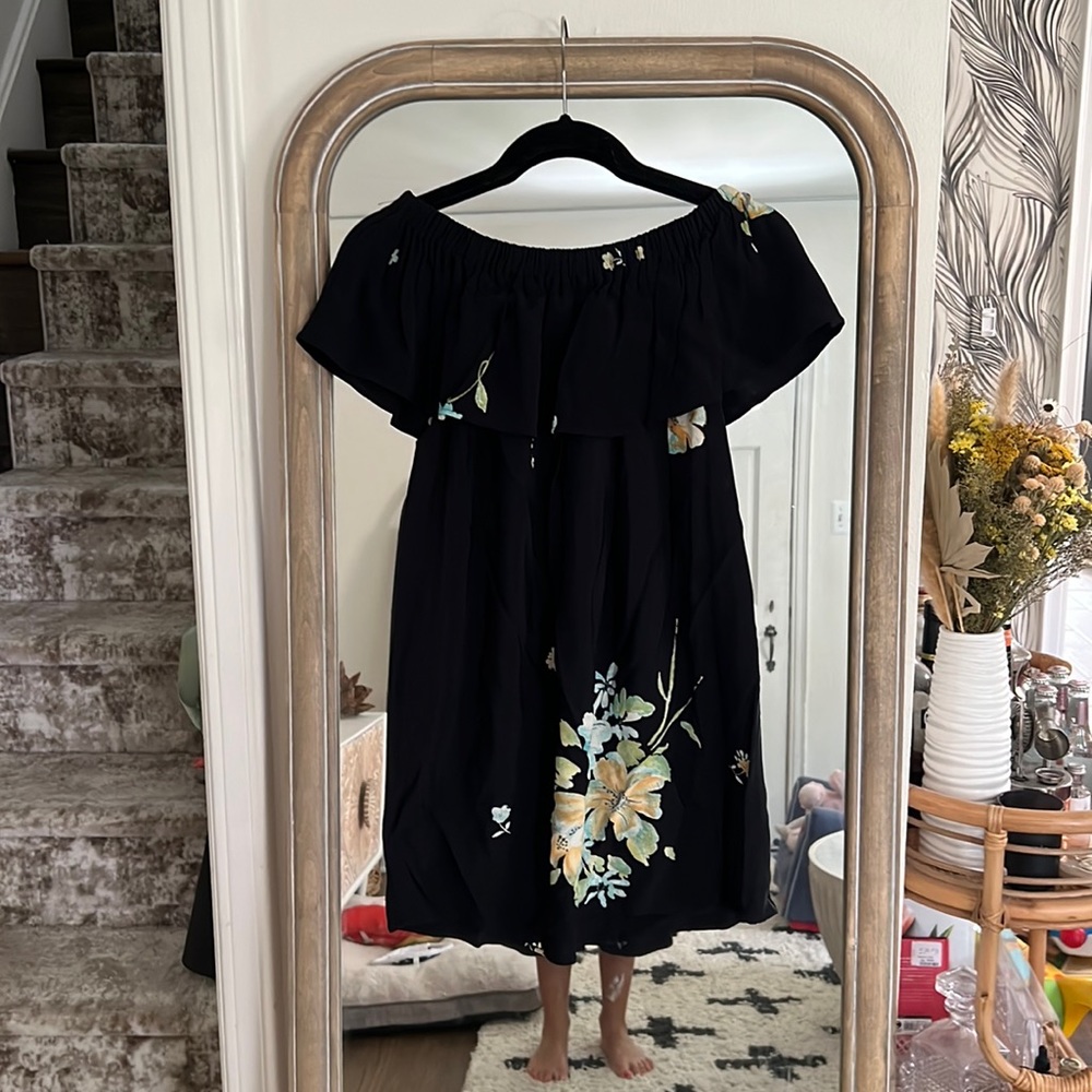 Black & Floral Off The Shoulder Mini Dress
